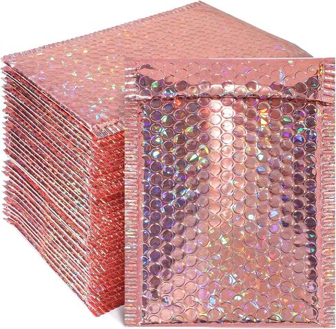 Fulmoon 30 Pieces Holographic Bubble Mailers 4x8 Inch Padded Mailer Holographic Bubble Mailers Padded Envelopes Self Sealing Cushion Envelopes for Mailing Shipping and Packing (Rose Gold) in Saudi Arabia