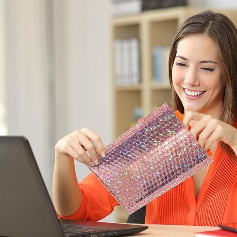 Fulmoon 30 Pieces Holographic Bubble Mailers 4x8 Inch Padded Mailer Holographic Bubble Mailers Padded Envelopes Self Sealing Cushion Envelopes for Mailing Shipping and Packing (Rose Gold) in Saudi Arabia