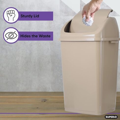 Superio 1.25 Gal Mini Plastic Trash Can with Swing Top Lid Small Waste Bin for Countertop, Desk, Vanity, Bathroom 5 Quart (Beige/Brown) in Kuwait