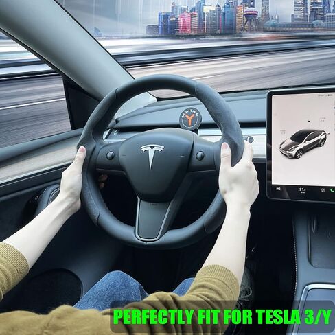 غطاء عجلة القيادة لطراز Tesla 3 موديل Y - واقي التفاف عجلة القيادة ABS لملحقات Tesla الداخلية (أسود متدفق) in Kuwait