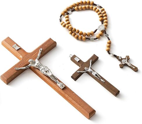 Meolyx Crucifix-Wall-Cross-Set صلبان كاثوليكية مصنوعة يدويًا مع مسبحة خشبية، صليب تعليق على الحائط يسوع المسيحي لديكور المنزل، هدية للعائلة - 8 بوصة in Saudi Arabia