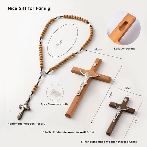 Meolyx Crucifix-Wall-Cross-Set صلبان كاثوليكية مصنوعة يدويًا مع مسبحة خشبية، صليب تعليق على الحائط يسوع المسيحي لديكور المنزل، هدية للعائلة - 8 بوصة in Saudi Arabia