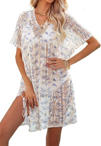 Spmor Women Swimsuits Cover Ups Knit V Neck Crochet Short Sleeve Tie Side Coverups in Saudi Arabia