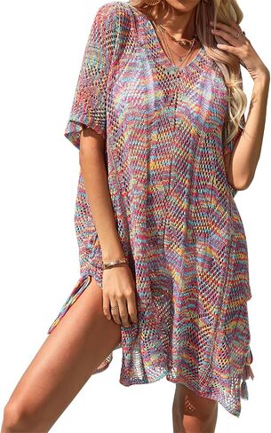 Spmor Women Swimsuits Cover Ups Knit V Neck Crochet Short Sleeve Tie Side Coverups in Saudi Arabia