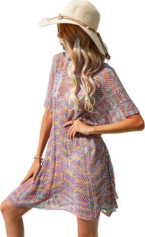 Spmor Women Swimsuits Cover Ups Knit V Neck Crochet Short Sleeve Tie Side Coverups in Saudi Arabia