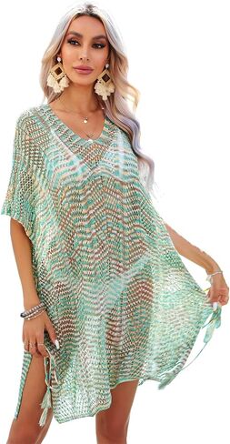Spmor Women Swimsuits Cover Ups Knit V Neck Crochet Short Sleeve Tie Side Coverups in Saudi Arabia
