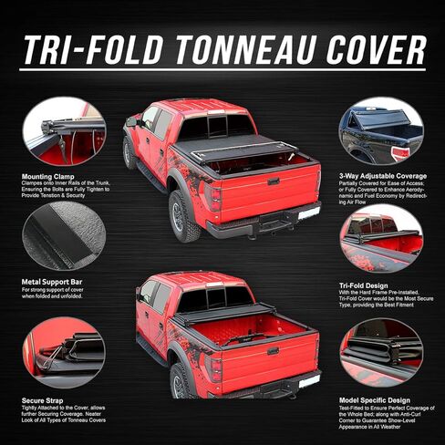 DNA Motoring TTC-TRISOFT-026 Pickup Truck Bed Soft Tri-Fold Adjustable Tonneau Cover Compatible with 2000-2004 Dakota 5.25' Fleetside Bed in Saudi Arabia