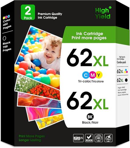 خراطيش حبر 62XL بديلة عالية الإنتاجية لحبر HP 62xl مجموعة كومبو باللون الأسود واللون تعمل مع طابعة HP Envy 5540 5549 5640 5660 7640 7645 OfficeJet Mobile 250 200 OfficeJet 5740 5741 8040 in Kuwait