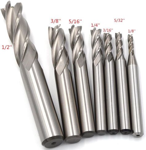 Wokesi Pack of 7Pcs,1/8'' 5/32'' 3/16'' 1/4'' 5/16'' 3/8'' 1/2''Blade Diameter,High Speed Steel (M2AI),Full Grinded,Square Nose End Mill Cutter CNC Router Bits (1/8+5/32+3/16+1/4+5/16+3/8+1/2 4Flute) in Saudi Arabia