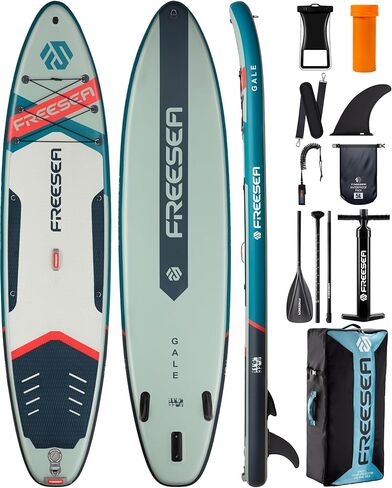 لوح مجداف سريع قابل للنفخ مقاس 11'6/10'6×32 بوصة من Freesea، لوح مجداف سريع الوقوف للبالغين، حامل الكاميرا، حلقات على شكل حرف D لمقعد الكاياك، حزام الكتف، حقيبة ظهر 100 لتر، مجداف عائم، مقاوم للماء 5 لتر in Kuwait