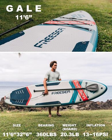 لوح مجداف سريع قابل للنفخ مقاس 11'6/10'6×32 بوصة من Freesea، لوح مجداف سريع الوقوف للبالغين، حامل الكاميرا، حلقات على شكل حرف D لمقعد الكاياك، حزام الكتف، حقيبة ظهر 100 لتر، مجداف عائم، مقاوم للماء 5 لتر in Kuwait