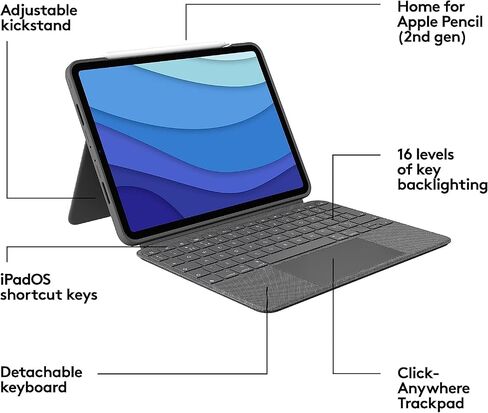 Logitech Combo Touch لجهاز Apple iPad Pro مقاس 11 بوصة (الجيل الأول والثاني والثالث والرابع) حافظة لوحة مفاتيح iPad - لوحة مفاتيح بإضاءة خلفية قابلة للفصل، لوحة تتبع يمكن النقر عليها في أي مكان - رمادي، تصميم أمريكي، مع قطعة قماش، تغليف بالجملة in Saudi Arabia