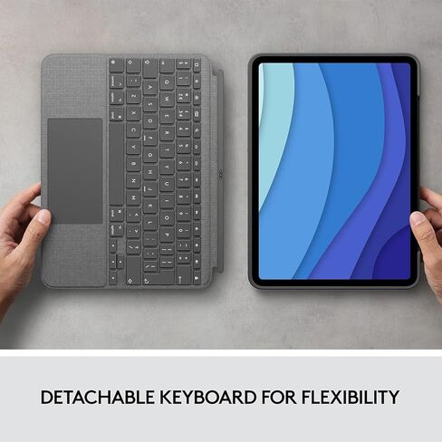 Logitech Combo Touch لجهاز Apple iPad Pro مقاس 11 بوصة (الجيل الأول والثاني والثالث والرابع) حافظة لوحة مفاتيح iPad - لوحة مفاتيح بإضاءة خلفية قابلة للفصل، لوحة تتبع يمكن النقر عليها في أي مكان - رمادي، تصميم أمريكي، مع قطعة قماش، تغليف بالجملة in Saudi Arabia