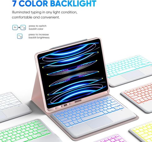 حافظة MicroPack iPad Pro 12.9 مع لوحة مفاتيح - (الجيل السادس، 2022) لوحة مفاتيح مع لوحة تتبع 7 ألوان بإضاءة خلفية، لوحة مفاتيح لاسلكية قابلة للفصل متوافقة مع iPad Pro 12.9 الجيل الخامس، الجيل الرابع، الجيل الثالث، وردي in Kuwait