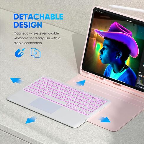 حافظة MicroPack iPad Pro 12.9 مع لوحة مفاتيح - (الجيل السادس، 2022) لوحة مفاتيح مع لوحة تتبع 7 ألوان بإضاءة خلفية، لوحة مفاتيح لاسلكية قابلة للفصل متوافقة مع iPad Pro 12.9 الجيل الخامس، الجيل الرابع، الجيل الثالث، وردي in Kuwait