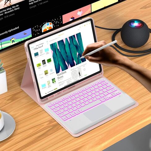 حافظة MicroPack iPad Pro 12.9 مع لوحة مفاتيح - (الجيل السادس، 2022) لوحة مفاتيح مع لوحة تتبع 7 ألوان بإضاءة خلفية، لوحة مفاتيح لاسلكية قابلة للفصل متوافقة مع iPad Pro 12.9 الجيل الخامس، الجيل الرابع، الجيل الثالث، وردي in Kuwait