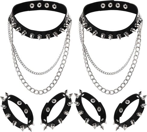 6 PCS Punk Studded Necklace Bracelet Set, Leather Gothic Rivet Choker and Wristband, Adjustable Rock Choker Bangle with Snap Button, Cool Spike Biker Accessories for Halloween Cosplay Party in Saudi Arabia