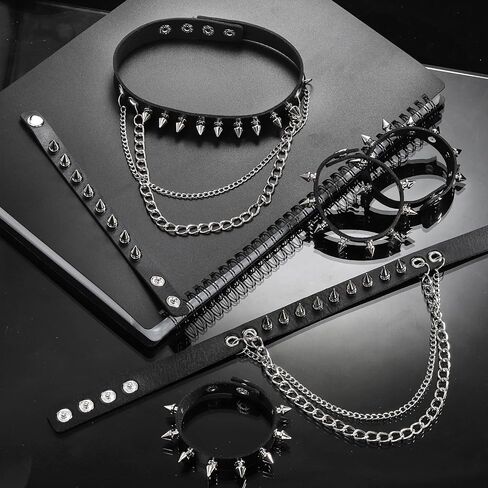 6 PCS Punk Studded Necklace Bracelet Set, Leather Gothic Rivet Choker and Wristband, Adjustable Rock Choker Bangle with Snap Button, Cool Spike Biker Accessories for Halloween Cosplay Party in Saudi Arabia
