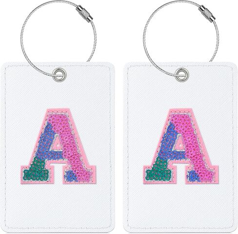 Sodsay 2 PCS Initial Luggage Tag, Luggage Tags for Suitcases Cute Sequin Letter PU Leather Travel Bag Baggage Tags ID Label with Steel Loops for Women Kids Teens(L, White Leather+Colorful Letter) in Saudi Arabia