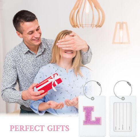 Sodsay 2 PCS Initial Luggage Tag, Luggage Tags for Suitcases Cute Sequin Letter PU Leather Travel Bag Baggage Tags ID Label with Steel Loops for Women Kids Teens(L, White Leather+Colorful Letter) in Saudi Arabia