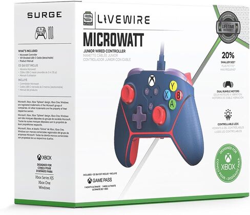 Wired Controller for Xbox Series X|S, Xbox One & Windows 10/11 PC - Junior Controller with LED Lighting, Non-Slip Grip, Rumble Feedback - Surge Livewire Microwatt (Blue) in Kuwait