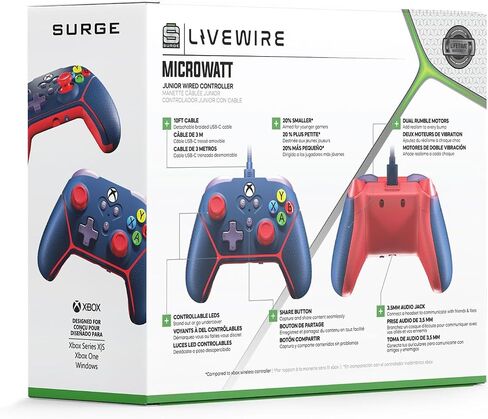 Wired Controller for Xbox Series X|S, Xbox One & Windows 10/11 PC - Junior Controller with LED Lighting, Non-Slip Grip, Rumble Feedback - Surge Livewire Microwatt (Blue) in Kuwait