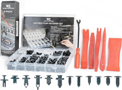 SunplusTrade 240 قطعة من مشابك الصدمات البلاستيكية للسيارة، مجموعة أدوات تثبيت الدفع للأحجام الشائعة، مجموعة مسامير دبابيس دفع تلقائية مع مجموعة أدوات 6 قطع، مزيل تثبيت - GM Ford Toyota Honda Chrysler in Kuwait