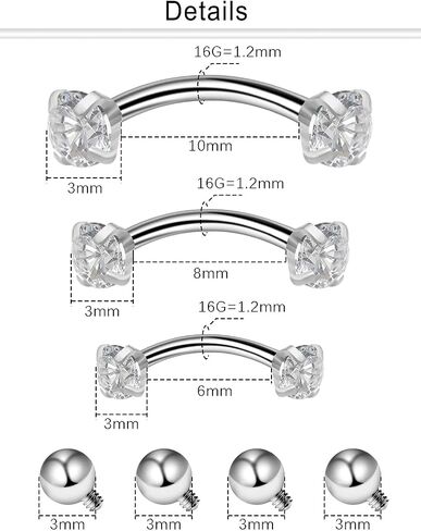 Dyknasz Internally Threaded Eyebrow Piercing Jewelry Surgical Steel Curved Barbell Tiny Eyebrow Ring Vertical Labret Lip Jewelry Ear Rook Navel Small Belly Button Ring for Women Men 16g 6mm/8mm/10mm in Saudi Arabia