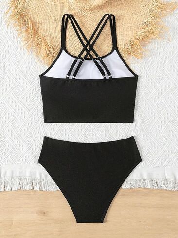 Girl's 2 Piece Bathing Suit Criss Cross Spaghetti Strap High Waisted Swimsuit Cute Bikini Set in Saudi Arabia