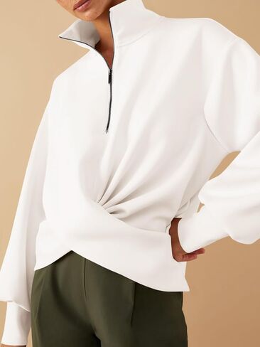 Fisoew Womens Casual Half Zip Sweatshirts Twist Front Long Sleeve Sweatshirt High Neck Loose Fit Pullover Tops in Saudi Arabia