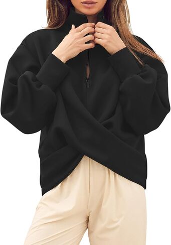 Fisoew Womens Casual Half Zip Sweatshirts Twist Front Long Sleeve Sweatshirt High Neck Loose Fit Pullover Tops in Saudi Arabia