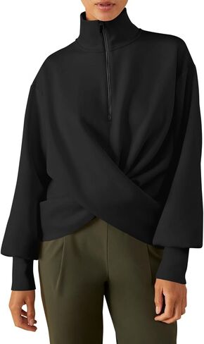 Fisoew Womens Casual Half Zip Sweatshirts Twist Front Long Sleeve Sweatshirt High Neck Loose Fit Pullover Tops in Saudi Arabia