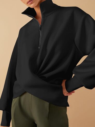 Fisoew Womens Casual Half Zip Sweatshirts Twist Front Long Sleeve Sweatshirt High Neck Loose Fit Pullover Tops in Saudi Arabia