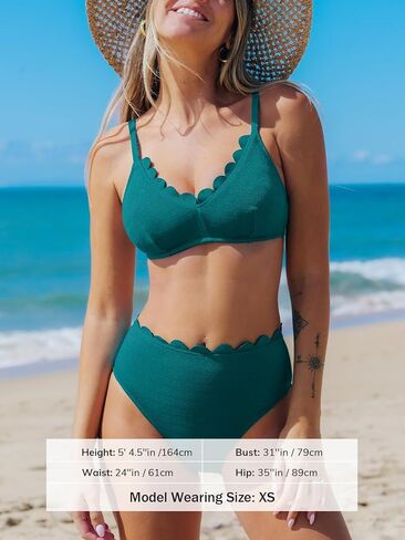 CUPSHE Women's Bikini Sets V Neck Scalloped Spaghetti Adjustable Straps Mid Rise Back Hook Textured in Saudi Arabia