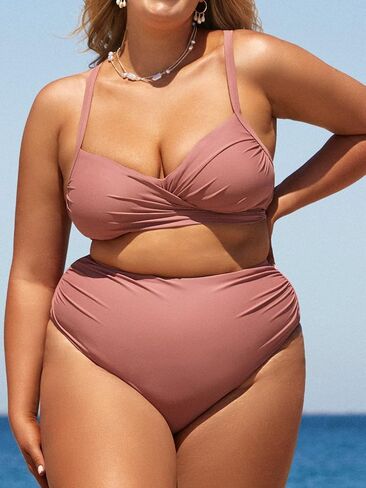 ملابس سباحة نسائية من CUPSHE مقاس كبير، مجموعة بيكيني عالية الخصر، ملفوفة من الأمام، متقاطعة، ربطة عنق ذاتية من الخلف، زهور in Kuwait