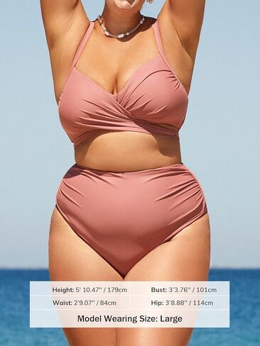 ملابس سباحة نسائية من CUPSHE مقاس كبير، مجموعة بيكيني عالية الخصر، ملفوفة من الأمام، متقاطعة، ربطة عنق ذاتية من الخلف، زهور in Kuwait