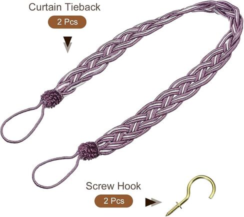 uxcell 2Pcs Curtain Tiebacks, 58cm/23 Braided Drapery Holdback Holder Decorative Rope Tie Back with 2 Metal Hooks, Purple/Silver in Saudi Arabia