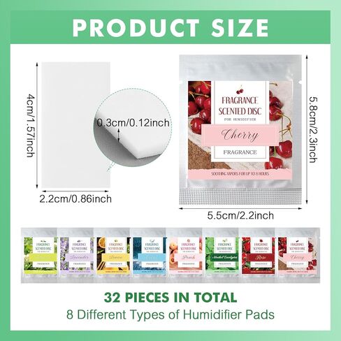 32 قطعة من وسادات معطرة مرطبة من Leelosp، مقاس 1.57 × 0.87 بوصة، وسادات بخار بديلة عالمية، وسادات بخار المنثول الأوكالبتوس، تدوم 8 ساعات، من أجل مرطب المنزل (8 أنماط) in Kuwait