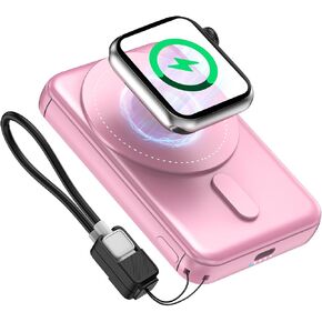 شاحن محمول مغناطيسي من SIXTHGU، بنك طاقة لاسلكي 3 في 1 لحزمة بطارية Magsafe 5000 مللي أمبير في الساعة، شحن سريع PD20W مع كابل USB-C مدمج، S05 لسلسلة iPhone 17/16/15/14، وساعة Apple/Airpods in Kuwait