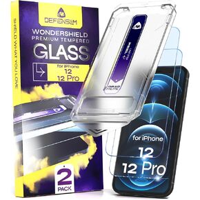 واقي شاشة Defenslim لهاتف iPhone 12 و12 PRO (عبوة من قطعتين)، مجموعة تثبيت سهلة للغبار والمحاذاة التلقائية، زجاج مقسى 6.1 بوصة، صلابة 9H، شفاف فائق الدقة، صديق للحافظة، WonderShield in Kuwait