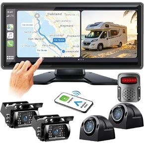 RV Backup Camera System with CarPlay & Android Auto, RVInWest 10.36" Touchable Monitor with Mirror Link DVR Recording + 4 AHD 1080P IP69K Waterproof Night Vision Camera for RV Truck Trailer Bus in Kuwait