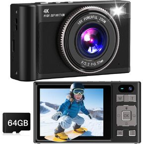 كاميرا رقمية، كاميرات مزدوجة بدقة 4K 64 ميجابكسل ذات تركيز تلقائي فائق الدقة مع بطاقة Micro SD سعة 64 جيجابايت وشاشة IPS مقاس 2.8 بوصة، وكاميرا سيلفي مدمجة للتكبير والتصغير الرقمي 18X للمراهقين والبالغين المبتدئين، باللون الأسود in Kuwait