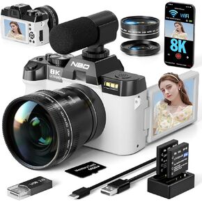 كاميرات رقمية حقيقية 8K للتصوير الفوتوغرافي، 64 ميجابكسل، واي فاي، زاوية واسعة وعدسة ماكرو، تكبير التركيز التلقائي 16X، شاشة قلاب 3 بوصات 180 درجة، بطاقة 64 جيجابايت، كاميرا تسجيل فيديو للسفر على YouTube (أبيض) in Kuwait