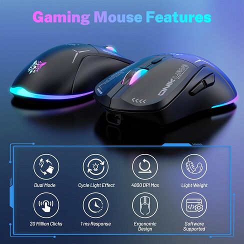 Wireless Gaming Mouse, Dual Mode 2.4G/USB-C, 6 Programmable Buttons, Up to 4800 DPI, Lightweight 120g, RGB 7-Color Lighting, Long Battery Life, Ergonomic Design for PC/Mac/Laptop (Black) in Saudi Arabia