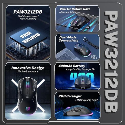 Wireless Gaming Mouse, Dual Mode 2.4G/USB-C, 6 Programmable Buttons, Up to 4800 DPI, Lightweight 120g, RGB 7-Color Lighting, Long Battery Life, Ergonomic Design for PC/Mac/Laptop (Black) in Saudi Arabia