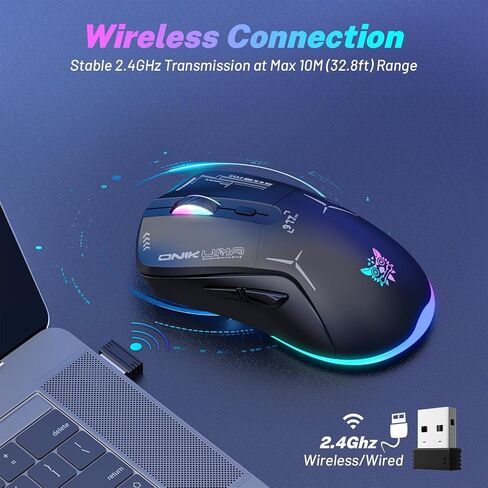 Wireless Gaming Mouse, Dual Mode 2.4G/USB-C, 6 Programmable Buttons, Up to 4800 DPI, Lightweight 120g, RGB 7-Color Lighting, Long Battery Life, Ergonomic Design for PC/Mac/Laptop (Black) in Saudi Arabia