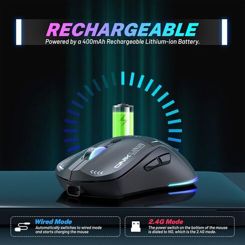 Wireless Gaming Mouse, Dual Mode 2.4G/USB-C, 6 Programmable Buttons, Up to 4800 DPI, Lightweight 120g, RGB 7-Color Lighting, Long Battery Life, Ergonomic Design for PC/Mac/Laptop (Black) in Saudi Arabia