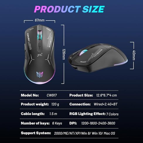 Wireless Gaming Mouse, Dual Mode 2.4G/USB-C, 6 Programmable Buttons, Up to 4800 DPI, Lightweight 120g, RGB 7-Color Lighting, Long Battery Life, Ergonomic Design for PC/Mac/Laptop (Black) in Saudi Arabia