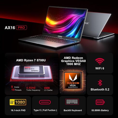 كمبيوتر محمول ACEMAGIC AMD، سلسلة AMD Ryzen 7 5000 (8C/16T)، رسومات Radeon RX Vega 8، شاشة FHD مقاس 16.1 بوصة، ذاكرة الوصول العشوائي 16 جيجابايت، 512 جيجابايت NVMe SSD كمبيوتر محمول مع لوحة مفاتيح رقمية، Type_C (وظيفة كاملة)، WiFi 6، بطارية 54 وات في السا in Kuwait