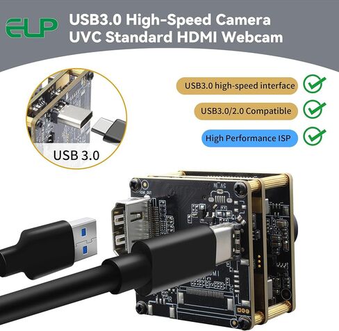 ELP 4K 60fps USB3.0 HDMI Camera Module H.264 Wide Angle High Speed UVC Lightburn Cameras for Computer Low Illumination Simultaneous Output Webcam M12 85° Web_Camera for Windows Linux Mac TV Projector in Kuwait